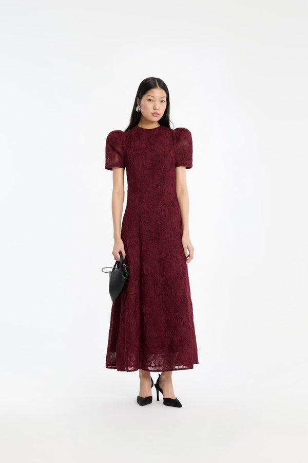 FLOWER MESH FLARED DRESS bordeaux