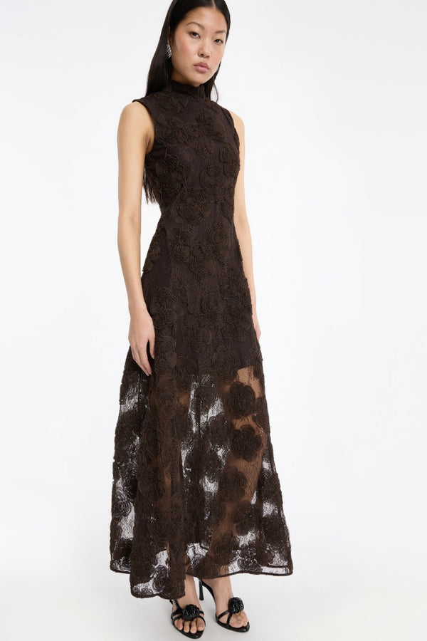 3D FLOWER MAXI DRESS brown