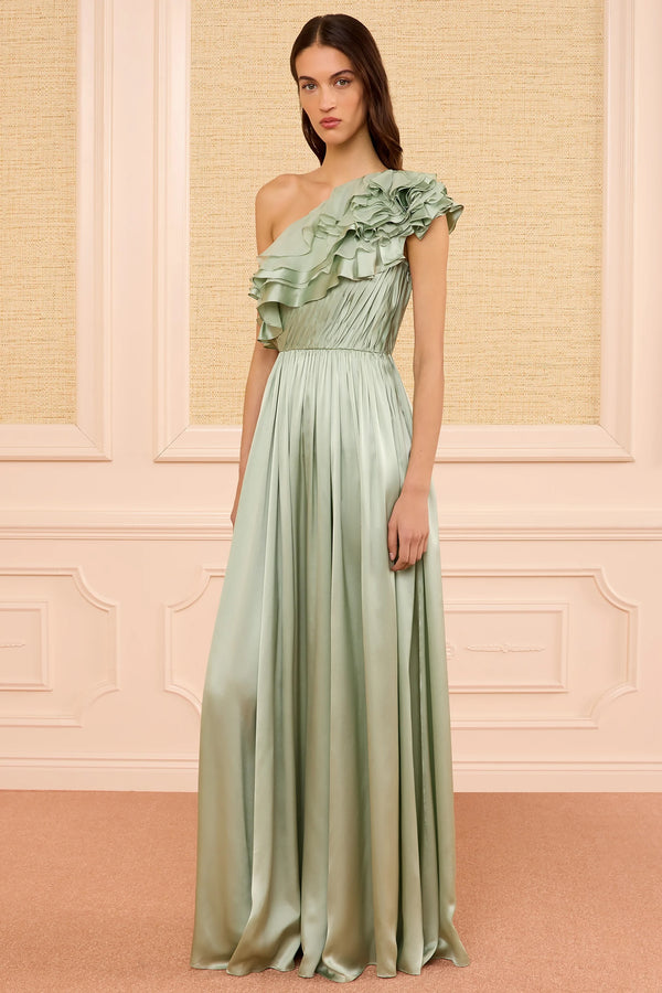 Avalina Ruffled Silk Dress celadon